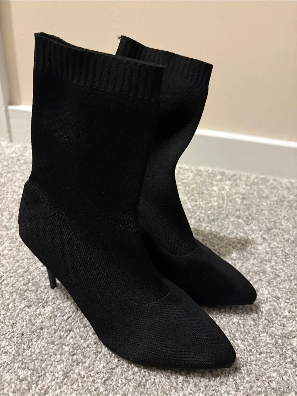 Black Stretch Knit Heeled Sock Boots - Women